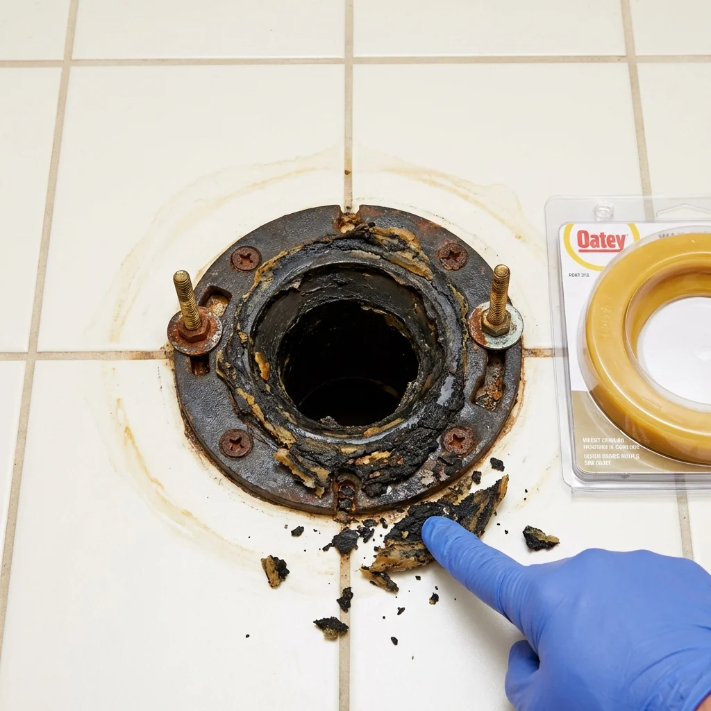 Failed wax ring showing water seepage at the base of a toilet in a Cambridge, IL home