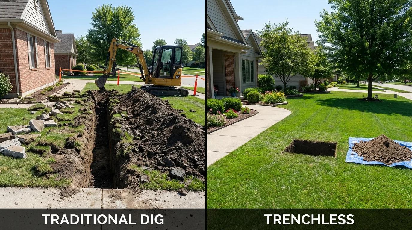 Trenchless sewer repair with minimal yard damage versus traditional excavation in Cambridge, IL