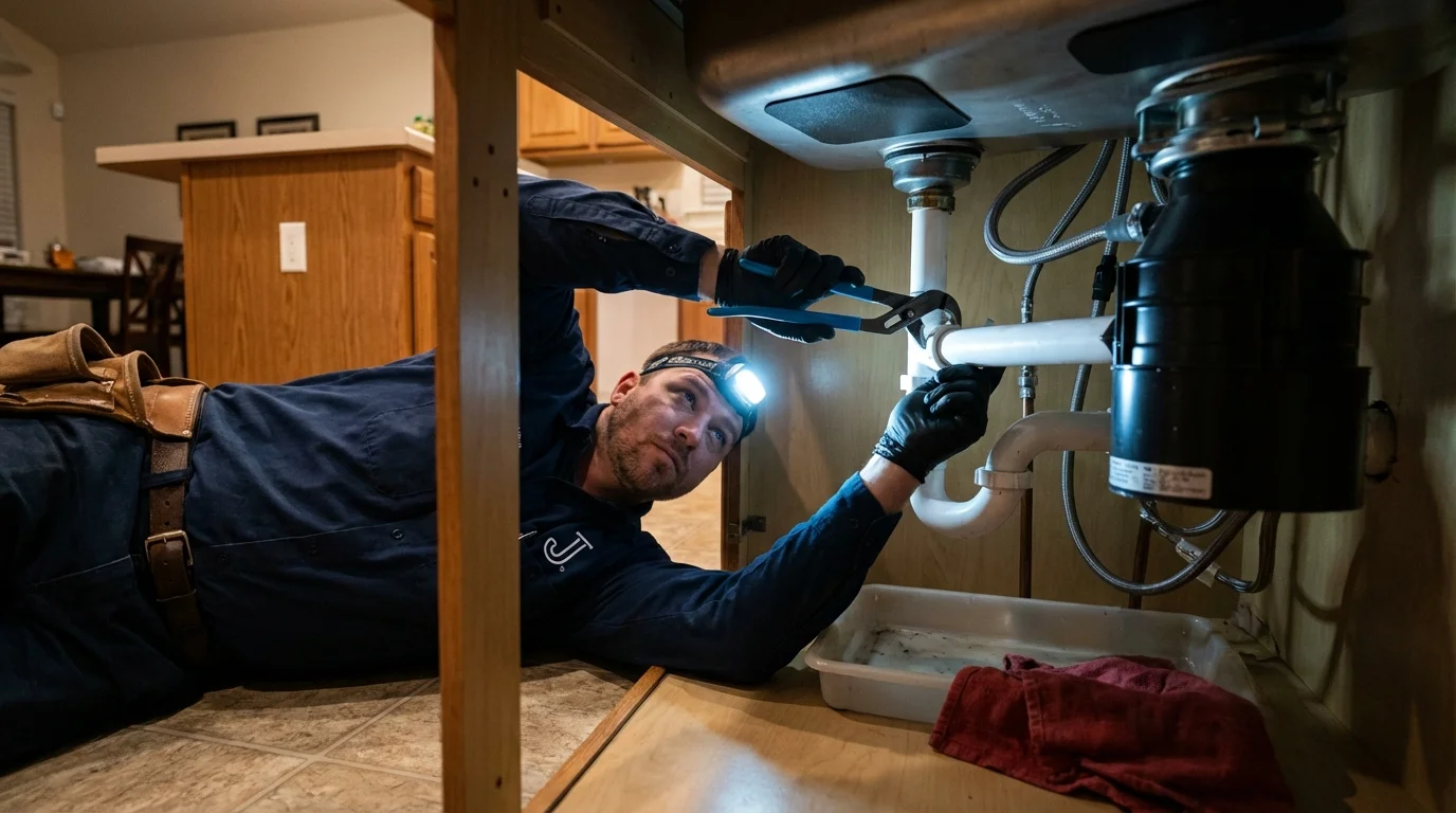 P-trap and supply line connections under a kitchen sink showing a common leak point in Cambridge, IL